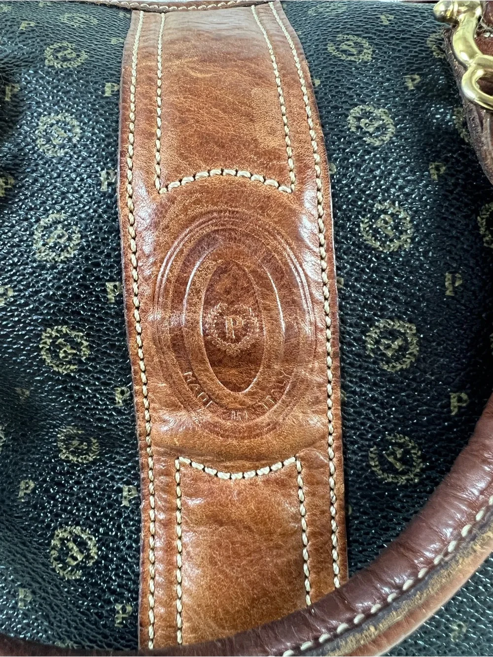 Vintage Pollini Italy Monogram Bowler Satchel Bag Brown Leather Trim Purse